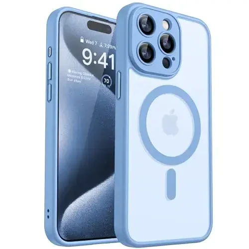 CANSHN Magnetic Compatible with iPhone 15 Pro Max Case, Upgraded [Full Camera Protection] [Compatible with Magsafe] [Translucent Matte] Shockproof Protective Phone Case Cover 6.7 Inch - Light Blue - 1