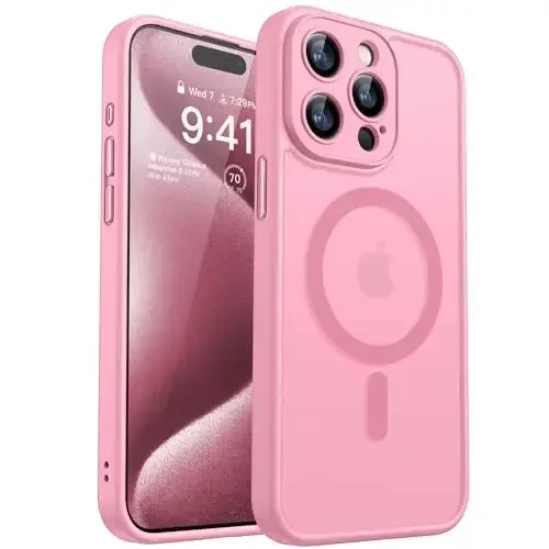 CANSHN Magnetic Compatible with iPhone 15 Pro Max Case, Upgraded [Full Camera Protection] [Compatible with Magsafe] [Translucent Matte] Shockproof Protective Phone Case Cover 6.7 Inch - Pink - CANSHN