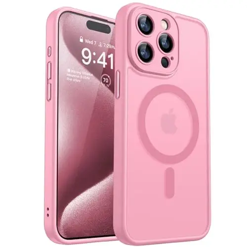 CANSHN Magnetic Compatible with iPhone 15 Pro Max Case, Upgraded [Full Camera Protection] [Compatible with Magsafe] [Translucent Matte] Shockproof Protective Phone Case Cover 6.7 Inch - Pink 