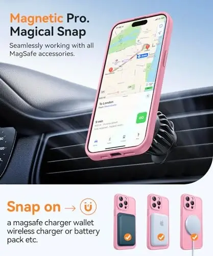 CANSHN Magnetic Compatible with iPhone 15 Pro Max Case, Upgraded [Full Camera Protection] [Compatible with Magsafe] [Translucent Matte] Shockproof Protective Phone Case Cover 6.7 Inch - Pink - 11