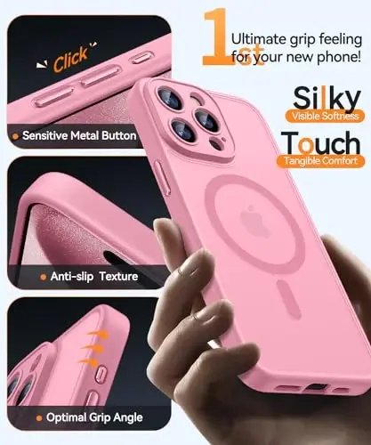 CANSHN Magnetic Compatible with iPhone 15 Pro Max Case, Upgraded [Full Camera Protection] [Compatible with Magsafe] [Translucent Matte] Shockproof Protective Phone Case Cover 6.7 Inch - Pink - 12