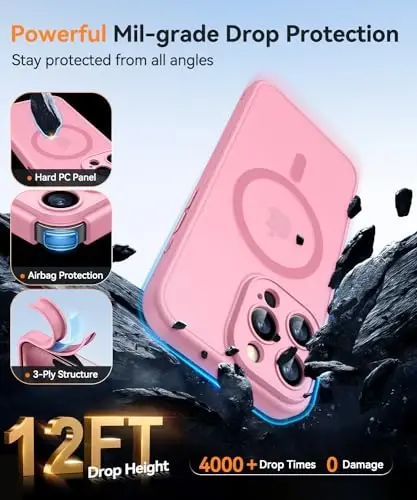 CANSHN Magnetic Compatible with iPhone 15 Pro Max Case, Upgraded [Full Camera Protection] [Compatible with Magsafe] [Translucent Matte] Shockproof Protective Phone Case Cover 6.7 Inch - Pink - 13