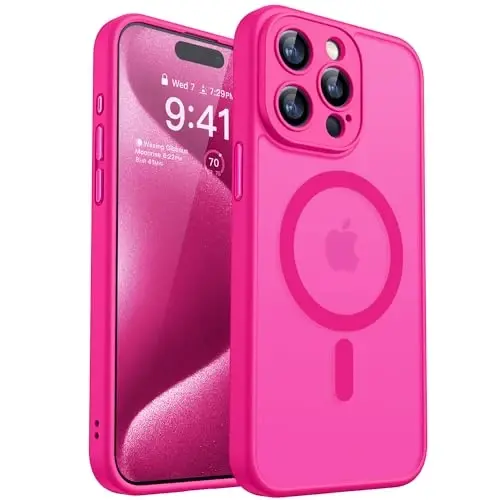 CANSHN Magnetic Compatible with iPhone 15 Pro Max Case, Upgraded [Full Camera Protection] [Compatible with Magsafe] [Translucent Matte] Shockproof Protective Phone Case Cover 6.7 Inch - Hot Pink 