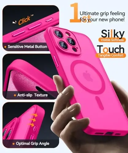 CANSHN Magnetic Compatible with iPhone 15 Pro Max Case, Upgraded [Full Camera Protection] [Compatible with Magsafe] [Translucent Matte] Shockproof Protective Phone Case Cover 6.7 Inch - Hot Pink - 12