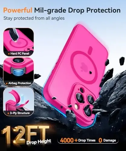 CANSHN Magnetic Compatible with iPhone 15 Pro Max Case, Upgraded [Full Camera Protection] [Compatible with Magsafe] [Translucent Matte] Shockproof Protective Phone Case Cover 6.7 Inch - Hot Pink - 13
