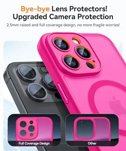 CANSHN Magnetic Compatible with iPhone 15 Pro Max Case, Upgraded [Full Camera Protection] [Compatible with Magsafe] [Translucent Matte] Shockproof Protective Phone Case Cover 6.7 Inch - Hot Pink - 3