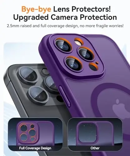 CANSHN iPhone 15 Pro Max uchun magnitli mos keladigan g'ilof, yangilangan [To'liq kamera himoyasi] [Magsafe bilan mos] [Shaffof mat] Zarbalarga chidamli himoya telefon g'ilofi qopqog'i 6,7 dyuym - To'q binafsha - 10