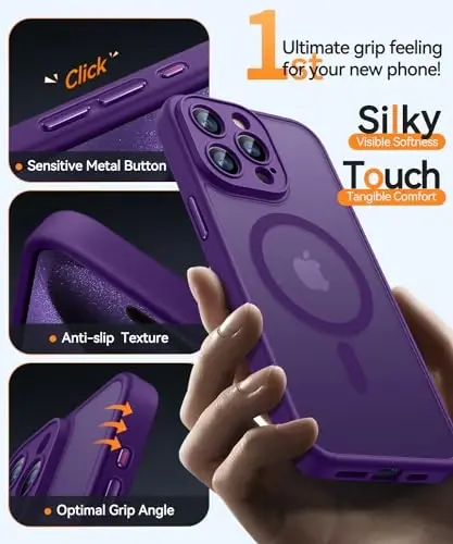 CANSHN iPhone 15 Pro Max uchun magnitli mos keladigan g'ilof, yangilangan [To'liq kamera himoyasi] [Magsafe bilan mos] [Shaffof mat] Zarbalarga chidamli himoya telefon g'ilofi qopqog'i 6,7 dyuym - To'q binafsha - 12