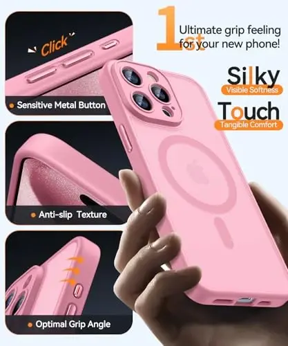 CANSHN iPhone 15 Pro uchun magnit mos keladigan g'ilof, takomillashtirilgan [To'liq kamera himoyasi] [Magsafe bilan mos keladi] [Yarim shaffof mat] zarbga chidamli himoya telefon g'ilofi 6.1 dyuym - Pushti - 13