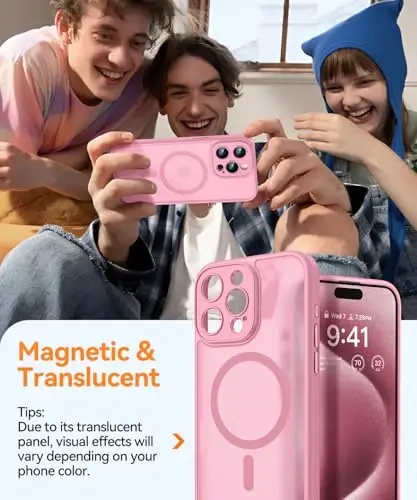 CANSHN iPhone 15 Pro uchun magnit mos keladigan g'ilof, takomillashtirilgan [To'liq kamera himoyasi] [Magsafe bilan mos keladi] [Yarim shaffof mat] zarbga chidamli himoya telefon g'ilofi 6.1 dyuym - Pushti - 3