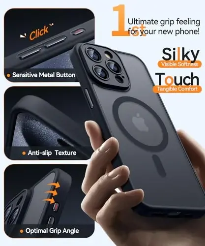 CANSHN iPhone 15 Pro uchun magnit mos keladigan g‘ilof, yangilangan [To‘liq kamera himoyasi] [Magsafe bilan mos keladi] [Shaffof mat] Zarba o‘tkazmaydigan himoya telefon g‘ilofi 6,1 dyuym - Qora - 12