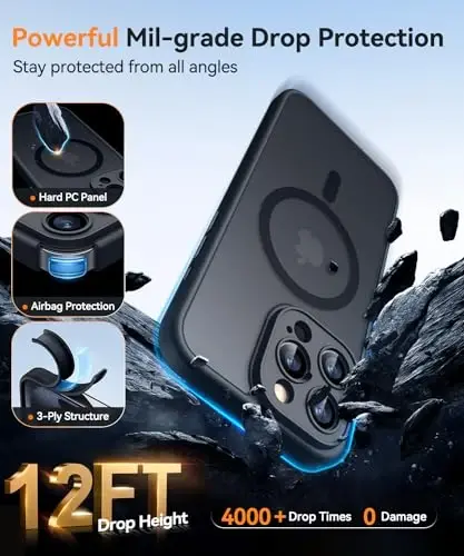 CANSHN iPhone 15 Pro uchun magnit mos keladigan g‘ilof, yangilangan [To‘liq kamera himoyasi] [Magsafe bilan mos keladi] [Shaffof mat] Zarba o‘tkazmaydigan himoya telefon g‘ilofi 6,1 dyuym - Qora - 13