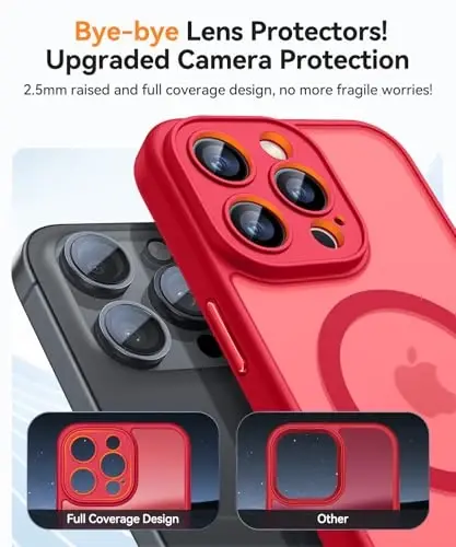 CANSHN iPhone 15 Pro uchun magnit mos keladigan g'ilof, yangilangan [To'liq kamera himoyasi] [Magsafe bilan mos keladi] [Yarim shaffof mat] Zarba o'tkazmaydigan himoya telefon g'ilofi 6.1 dyuym - Qizil - 11