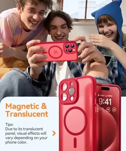 CANSHN iPhone 15 Pro uchun magnit mos keladigan g'ilof, yangilangan [To'liq kamera himoyasi] [Magsafe bilan mos keladi] [Yarim shaffof mat] Zarba o'tkazmaydigan himoya telefon g'ilofi 6.1 dyuym - Qizil - 3