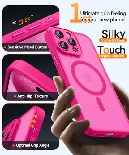 CANSHN iPhone 15 Pro uchun magnit mos keladigan g'ilof, yangilangan [To'liq kamera himoyasi] [Magsafe bilan mos keladi] [Yarim shaffof mat] Zarba o'tkazmaydigan himoya telefon g'ilofi 6.1 dyuym - To'q pushti - 13