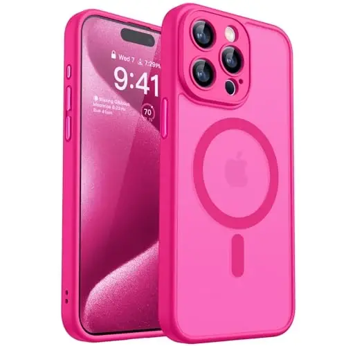 CANSHN iPhone 15 Pro uchun magnit mos keladigan g'ilof, yangilangan [To'liq kamera himoyasi] [Magsafe bilan mos keladi] [Yarim shaffof mat] Zarba o'tkazmaydigan himoya telefon g'ilofi 6.1 dyuym - To'q pushti - CANSHN