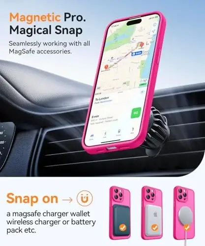 CANSHN iPhone 15 Pro uchun magnit mos keladigan g'ilof, yangilangan [To'liq kamera himoyasi] [Magsafe bilan mos keladi] [Yarim shaffof mat] Zarba o'tkazmaydigan himoya telefon g'ilofi 6.1 dyuym - To'q pushti - 5