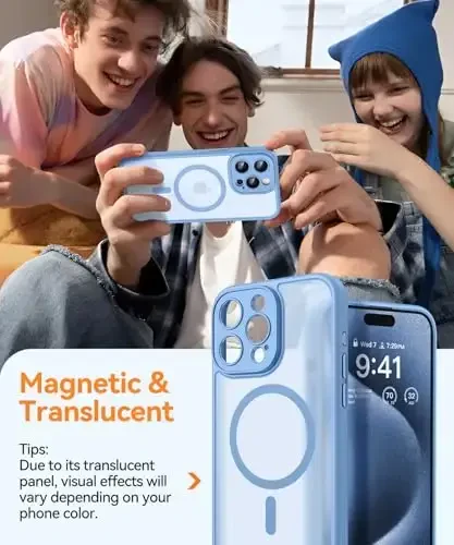 CANSHN iPhone 15 Pro uchun magnitli mos keladigan g'ilof, takomillashtirilgan [To'liq kamera himoyasi] [Magsafe bilan mos keladi] [Yarim shaffof mat] Zarba o'tkazmaydigan himoya telefon g'ilofi 6,1 dyuym - Ochiq ko'k - 3