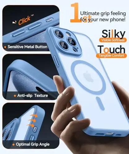 CANSHN iPhone 15 Pro uchun magnitli mos keladigan g'ilof, takomillashtirilgan [To'liq kamera himoyasi] [Magsafe bilan mos keladi] [Yarim shaffof mat] Zarba o'tkazmaydigan himoya telefon g'ilofi 6,1 dyuym - Ochiq ko'k - 13