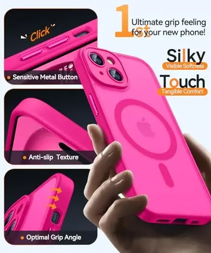 CANSHN iPhone 15 uchun magnitli korpus, Yangilangan [To'liq kamera himoyasi] [Magsafe bilan mos] [Shaffof mat] Zarbaga chidamli himoya oluvchi telefon korpusi iPhone 15 uchun 6,1 dyuymli — Jilg'a pushti - 5