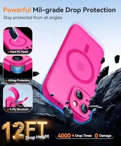 CANSHN iPhone 15 uchun magnitli korpus, Yangilangan [To'liq kamera himoyasi] [Magsafe bilan mos] [Shaffof mat] Zarbaga chidamli himoya oluvchi telefon korpusi iPhone 15 uchun 6,1 dyuymli — Jilg'a pushti - 6