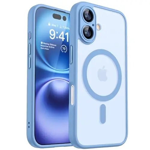 CANSHN Magnetic for iPhone 16 Case, Upgraded [Full Camera Protection] [Compatible with Magsafe] [Translucent Matte] Shockproof Protective Phone Case for iPhone 16 - Light Blue - 1