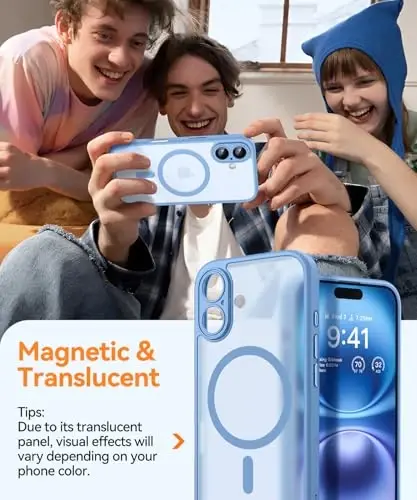 CANSHN Magnetic for iPhone 16 Case, Upgraded [Full Camera Protection] [Compatible with Magsafe] [Translucent Matte] Shockproof Protective Phone Case for iPhone 16 - Light Blue - 3