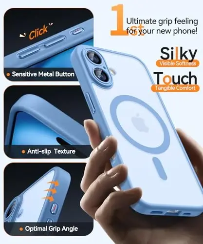 CANSHN Magnetic for iPhone 16 Case, Upgraded [Full Camera Protection] [Compatible with Magsafe] [Translucent Matte] Shockproof Protective Phone Case for iPhone 16 - Light Blue - 6