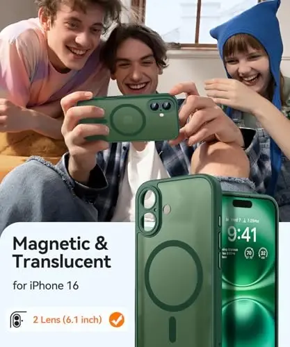 CANSHN Magnetic for iPhone 16 Case, Upgraded [Full Camera Protection] [Compatible with Magsafe] [Translucent Matte] Shockproof Protective Phone Case for iPhone 16 - Deep Green - 2