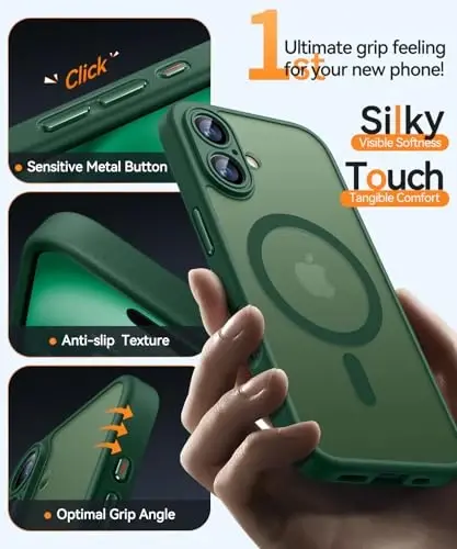 CANSHN Magnetic for iPhone 16 Case, Upgraded [Full Camera Protection] [Compatible with Magsafe] [Translucent Matte] Shockproof Protective Phone Case for iPhone 16 - Deep Green - 5