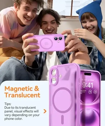 CANSHN Magnetic for iPhone 16 Case, Upgraded [Full Camera Protection] [Compatible with Magsafe] [Translucent Matte] Shockproof Protective Phone Case for iPhone 16 - Pinkish Purple - 3