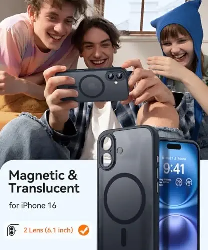 CANSHN Magnetic for iPhone 16 Case, Upgraded [Full Camera Protection] [Compatible with Magsafe] [Translucent Matte] Shockproof Protective Phone Case for iPhone 16 - Black - 2