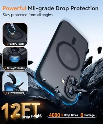 CANSHN Magnetic for iPhone 16 Case, Upgraded [Full Camera Protection] [Compatible with Magsafe] [Translucent Matte] Shockproof Protective Phone Case for iPhone 16 - Black - 6