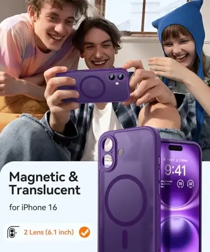 CANSHN Magnetic for iPhone 16 Case, Upgraded [Full Camera Protection] [Compatible with Magsafe] [Translucent Matte] Shockproof Protective Phone Case for iPhone 16 - Deep Purple - 2