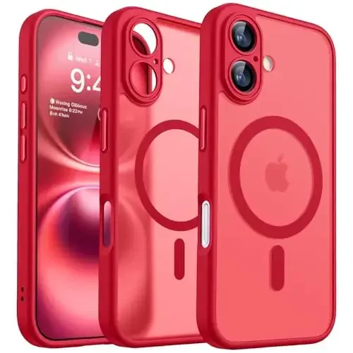 CANSHN Magnetic for iPhone 16 Case, Upgraded [Full Camera Protection] [Compatible with Magsafe] [Translucent Matte] Shockproof Protective Phone Case for iPhone 16 - Red - 1