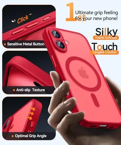 CANSHN Magnetic for iPhone 16 Case, Upgraded [Full Camera Protection] [Compatible with Magsafe] [Translucent Matte] Shockproof Protective Phone Case for iPhone 16 - Red - 6