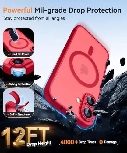 CANSHN Magnetic for iPhone 16 Case, Upgraded [Full Camera Protection] [Compatible with Magsafe] [Translucent Matte] Shockproof Protective Phone Case for iPhone 16 - Red - 7