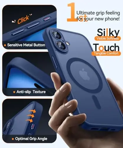CANSHN Magnetic for iPhone 16 Case, Upgraded [Full Camera Protection] [Compatible with Magsafe] [Translucent Matte] Shockproof Protective Phone Case for iPhone 16 - Deep Blue - 5