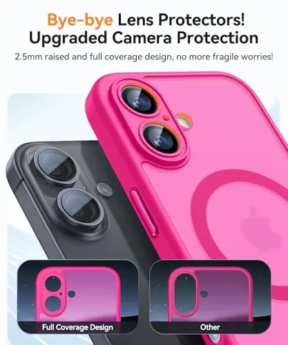 CANSHN Magnetic for iPhone 16 Plus Case, Upgraded [Full Camera Protection] [Compatible with Magsafe] [Translucent Matte] Shockproof Protective Phone Case for iPhone 16 Plus - Hot Pink - 4