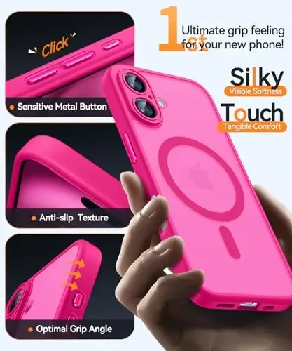 CANSHN Magnetic for iPhone 16 Plus Case, Upgraded [Full Camera Protection] [Compatible with Magsafe] [Translucent Matte] Shockproof Protective Phone Case for iPhone 16 Plus - Hot Pink - 6