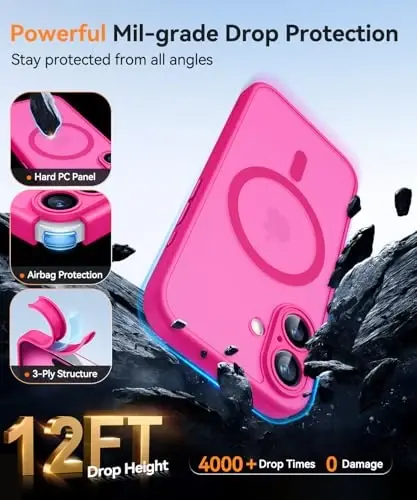 CANSHN Magnetic for iPhone 16 Plus Case, Upgraded [Full Camera Protection] [Compatible with Magsafe] [Translucent Matte] Shockproof Protective Phone Case for iPhone 16 Plus - Hot Pink - 7