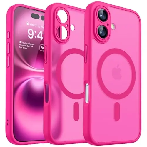 CANSHN Magnetic for iPhone 16 Plus Case, Upgraded [Full Camera Protection] [Compatible with Magsafe] [Translucent Matte] Shockproof Protective Phone Case for iPhone 16 Plus - Hot Pink 