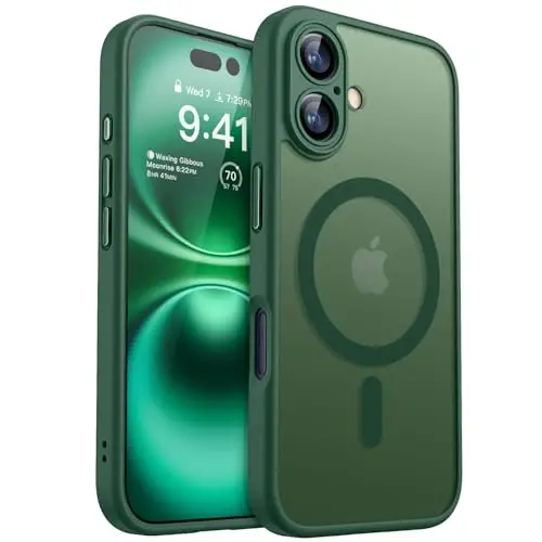 CANSHN Magnetic for iPhone 16 Plus Case, Upgraded [Full Camera Protection] [Compatible with Magsafe] [Translucent Matte] Shockproof Protective Phone Case for iPhone 16 Plus - Deep Green - 1