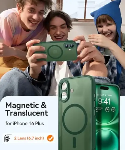 CANSHN Magnetic for iPhone 16 Plus Case, Upgraded [Full Camera Protection] [Compatible with Magsafe] [Translucent Matte] Shockproof Protective Phone Case for iPhone 16 Plus - Deep Green - 2