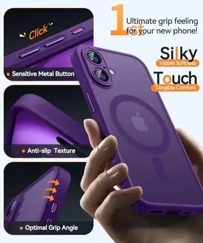 CANSHN iPhone 16 Plus uchun magnitli gʻilof, yangilangan [Toʻliq kamera himoyasi] [Magsafe bilan mos] [Shaffof mat] iPhone 16 Plus uchun zarbga chidamli himoya telefoni gʻilofi - Toʻq binafsha - 5