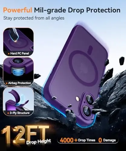 CANSHN iPhone 16 Plus uchun magnitli gʻilof, yangilangan [Toʻliq kamera himoyasi] [Magsafe bilan mos] [Shaffof mat] iPhone 16 Plus uchun zarbga chidamli himoya telefoni gʻilofi - Toʻq binafsha - 6