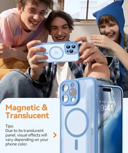 CANSHN Magnetic Compatible with iPhone 16 Pro Case, Upgraded [Full Camera Protection] [Compatible with Magsafe] [Translucent Matte] Shockproof Protective Phone Case Cover 6.3 Inch - Light Blue - 3