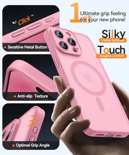 CANSHN Magnetic Compatible with iPhone 16 Pro Case, Upgraded [Full Camera Protection] [Compatible with Magsafe] [Translucent Matte] Shockproof Protective Phone Case Cover 6.3 Inch - Pink - 6