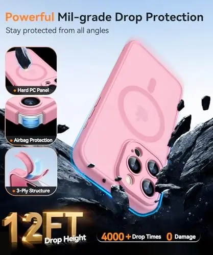 CANSHN Magnetic Compatible with iPhone 16 Pro Case, Upgraded [Full Camera Protection] [Compatible with Magsafe] [Translucent Matte] Shockproof Protective Phone Case Cover 6.3 Inch - Pink - 7