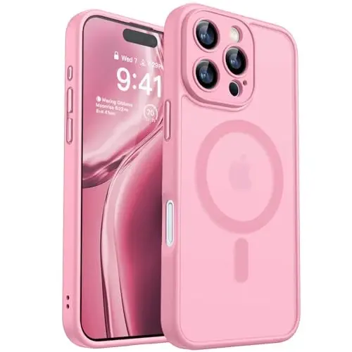 CANSHN Magnetic Compatible with iPhone 16 Pro Case, Upgraded [Full Camera Protection] [Compatible with Magsafe] [Translucent Matte] Shockproof Protective Phone Case Cover 6.3 Inch - Pink - 1